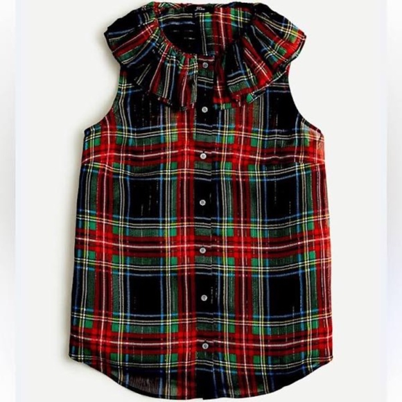 J. CREW Red Black Metallic Stewart Tartan Plaid Sleeveless Holiday Blouse Small - Picture 4 of 6